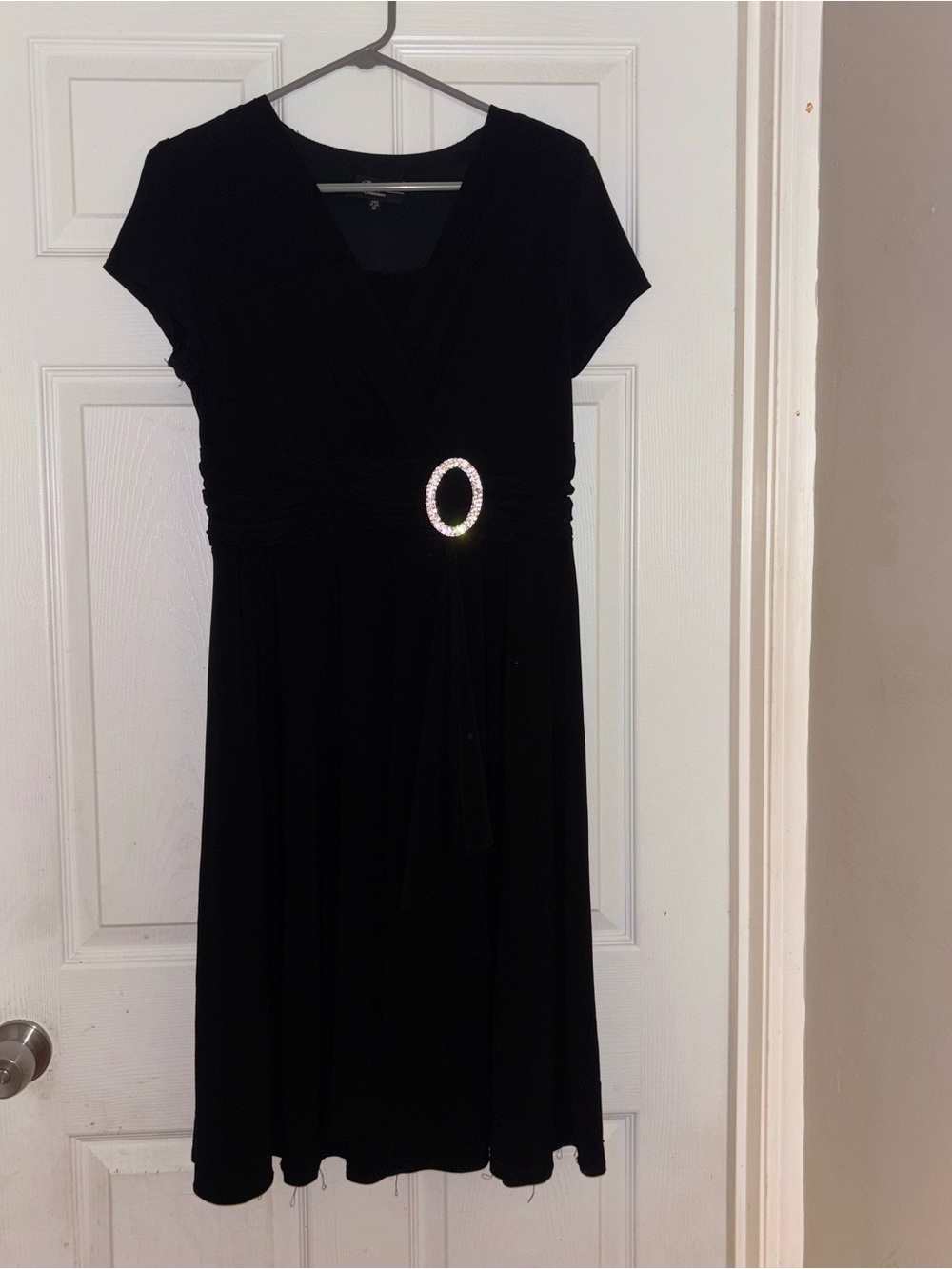Black Short-Sleeve V-Neck Wrap Dress with Rhinestone Accent